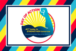 Colorful graphic with the Day of Action logo. Logo is an arm flexing with Act Today to Strengthen Tomorrow