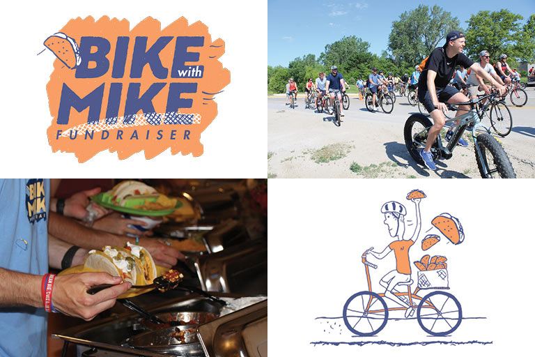 Collage of 4 photos - Top Left: Bike with Mike Logo, Top Right: Group of Bicyclists Riding, Bottom Left: Person's hands holding tacos, Bottom Right: Drawing of Bicycle with Tacos.