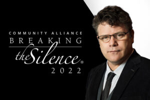 Breaking the Silence Logo to the left and portrait of Sean Astin on the right