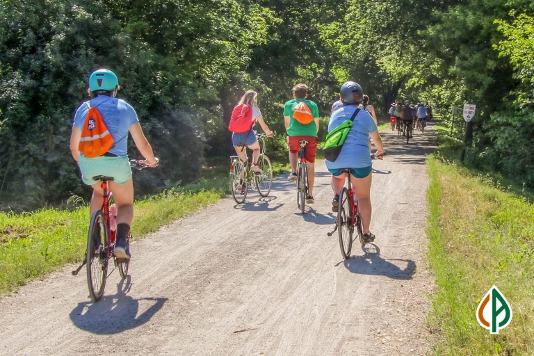 Four cyclists ride along a tree-lined trail on a sunny day as part of the annual Bike with Mike event.