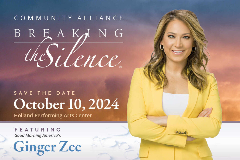 A promotional image for Breaking the Silence, featuring Good Morning America's Ginger Zee. Zee is shown smiling, wearing a yellow blazer. The background has a colorful sky with clouds.