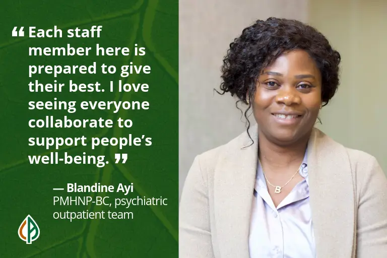 Portrait of Blandine Ayi, PMHNP-BC on the psychiatric outpatient team, beside a quote about staff collaboration and supporting people’s well-being.